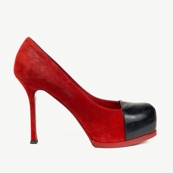 Yves Saint Laurent Tribtoo 80 Platform Poppy Suede & Nero Cap-Toe Pumps - Picture 1 of 9